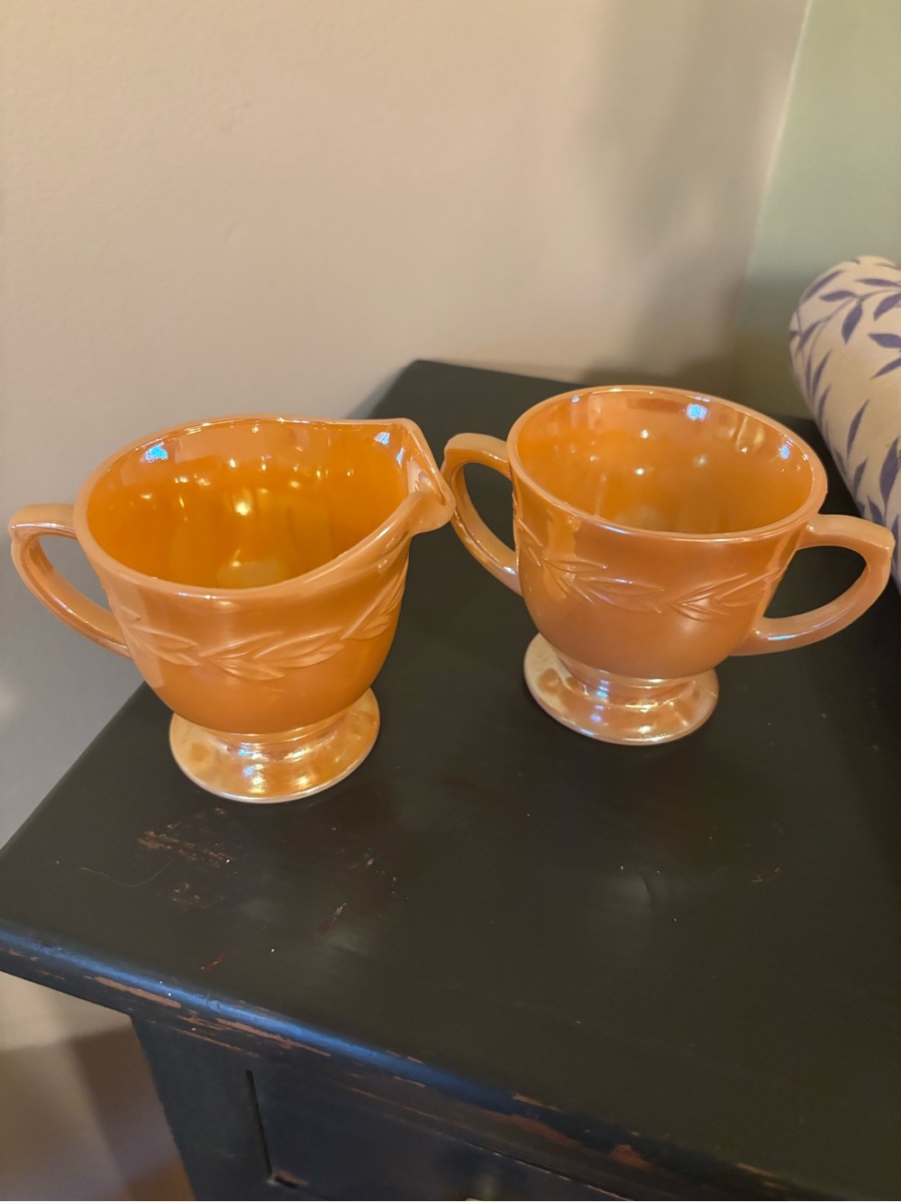 Vintage Fire King Peach Luster Laurel Leaf Creamer & Sugar Bowl Set MCM Glass